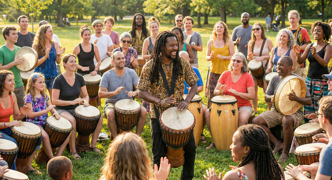 A vibrant drum circle featuring a diverse community creating energetic rhythms, people enjoying drumming musician