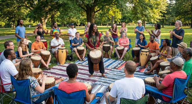 A vibrant drum circle featuring a diverse community creating energetic rhythms, people enjoying drumming musician