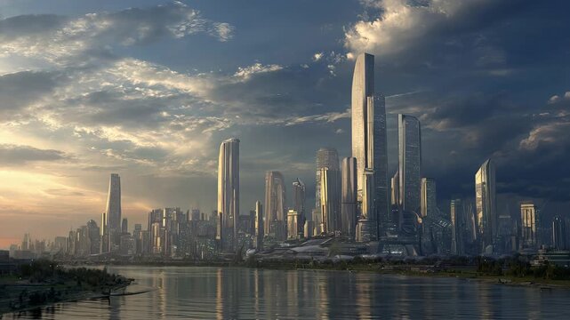 Futuristic city skyline at sunset with golden hour skyscrapers, cloudy blue sky and riverfront view