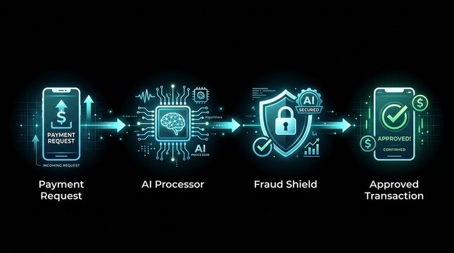 Digital payment processing workflow with ai fraud detection and transaction approval flowchart featuring glowing neon icons on a sleek dark background for fintech
