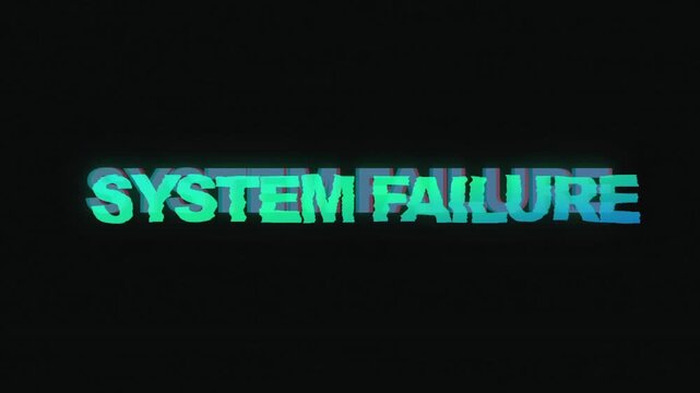 System failure glitch text on black background, retro digital error message with neon cyan glow, distorted computer crash warning for cyber security