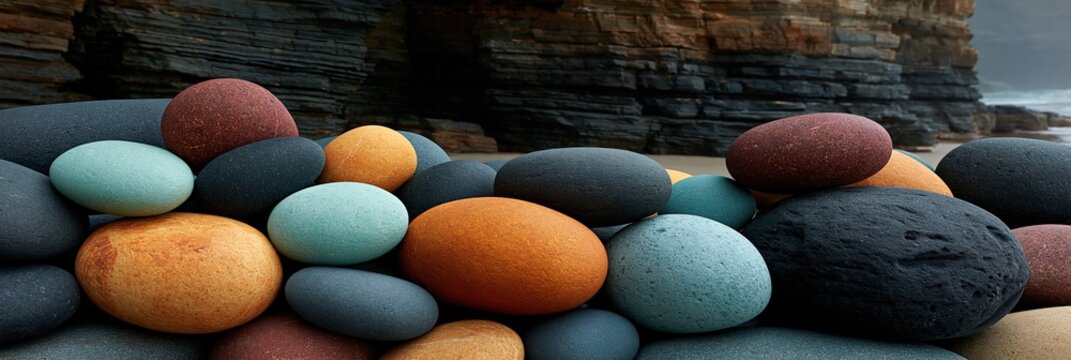Close up multicolored pebbles piled against cliff face