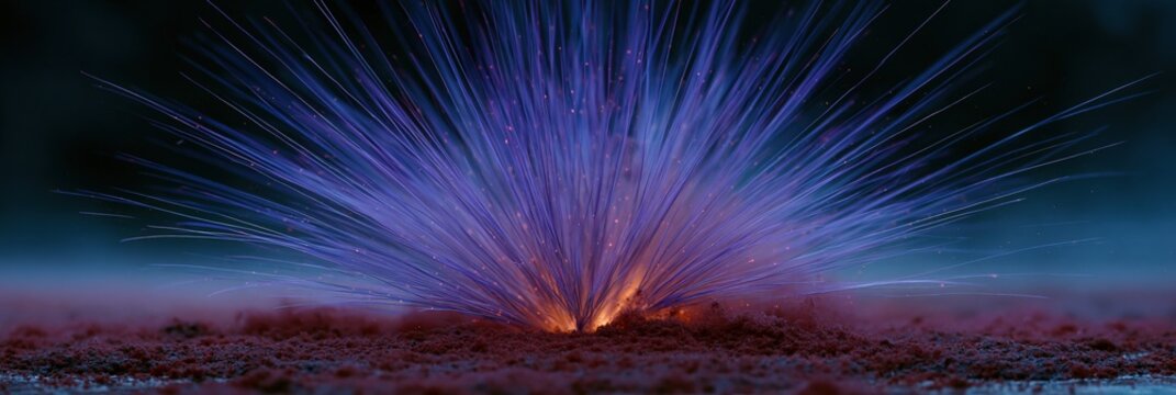Fine particle eruption spiking from textured surface at night