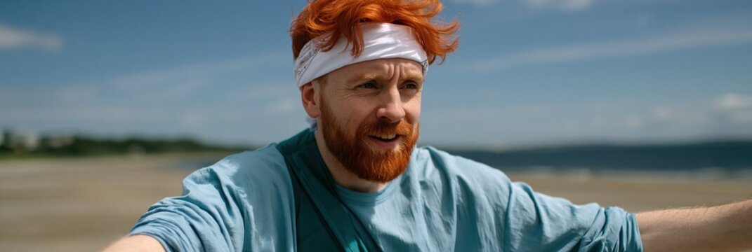 Red haired man wearing headband stretching arms on sandy beach