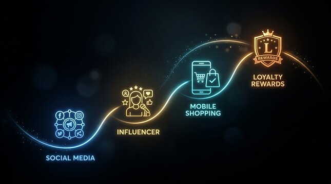 Digital marketing roadmap infographic featuring glowing neon icons representing social media influencer mobile shopping and loyalty rewards on a dark background