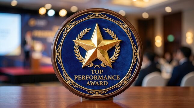 A polished, wooden award plaque sits on a dark wooden table. The plaque is circular and features a golden star emblem centered on a deep blue background.