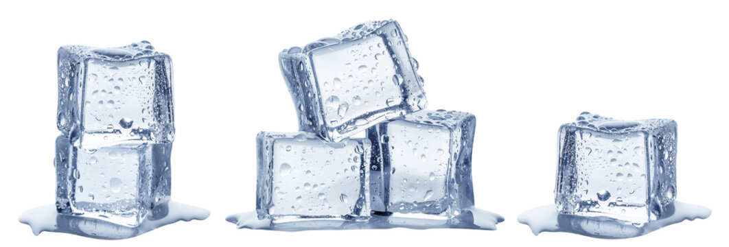 Ice cubes set stacked in horizontal composition with melting water and droplets, isolated on cutout transparent background