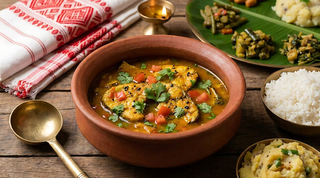 Traditional Assamese Masor Tenga Sour Fish Curry Cooked with Fresh Tomato and Mustard Seed for Bohag Bihu Celebration Authentic Indian Cuisine Dish Served on a Table