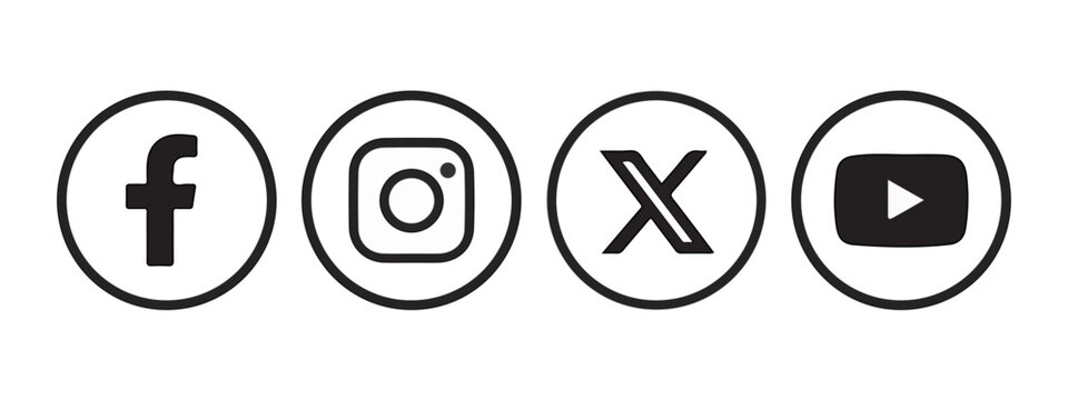 Collection of popular social media platform logotypes and interface icons including Facebook, Instagram, X formerly Twitter and YouTube. Editorial use only for illustrating digital communication
