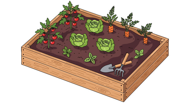 Wooden Raised Garden Bed with Fresh Organic Vegetables and Gardening Tools Illustration