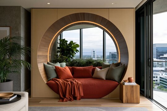 Circular daybed nestled with cushions in highrise bay window