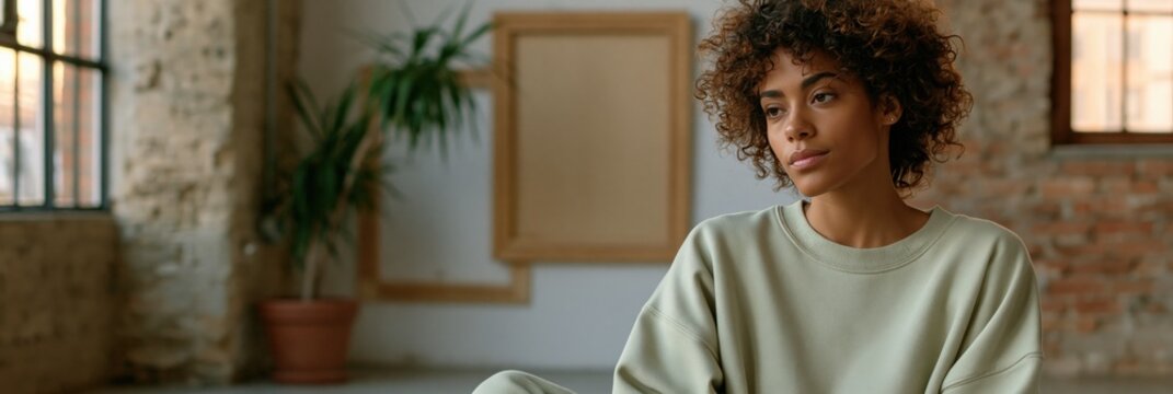 Young woman sitting contemplative in loft studio interior