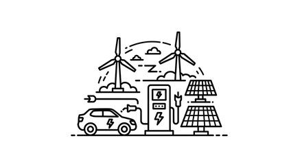 Fototapeta premium Electric car charging using renewable energy sources like solar and wind power efficiently
