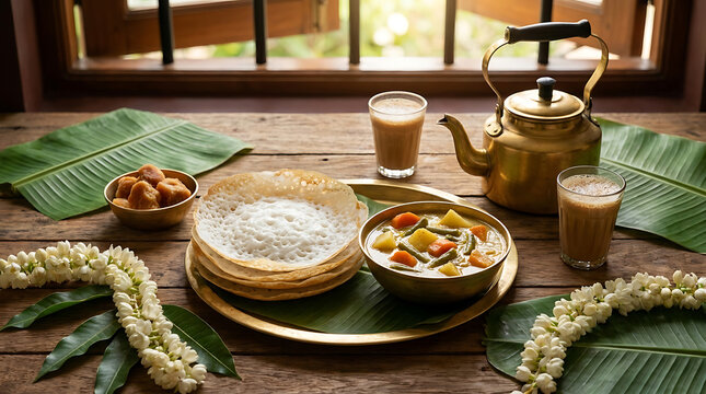 Authentic Puthandu Breakfast Featuring Soft Rice Appam with Creamy Vegetable Coconut Milk Stew and Traditional Hot Tea Served on a Festive South Indian Morning