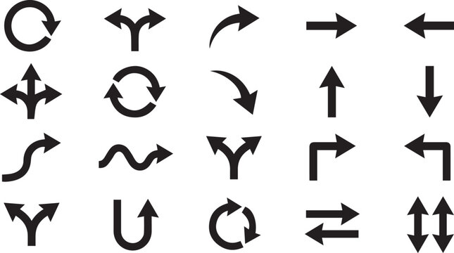 Black Directional Arrow Icon Set Vector Collection with Circular Curved Wavy Fork Turn U-Turn Refresh Left Right Up Down and Navigation Symbols