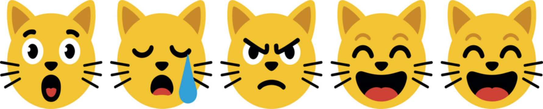 Cute Cat Emoji Faces Set Showing Different Emotions Including Surprise Sad Angry and Happy Expressions in Flat Cartoon Vector Style