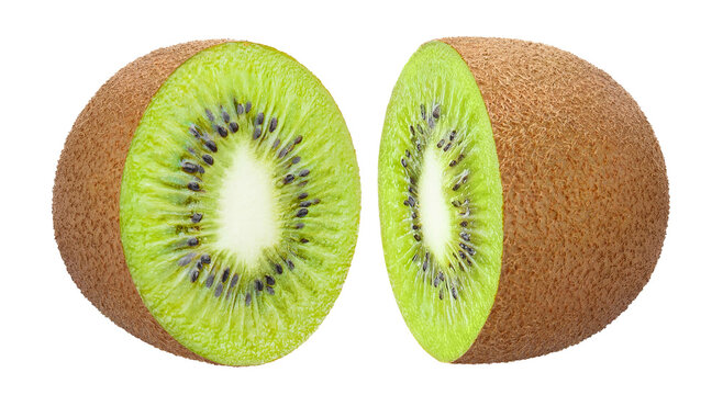 Delicious kiwi fruit cut into two halves showing fresh green pulp and seeds, isolated on cutout transparent background
