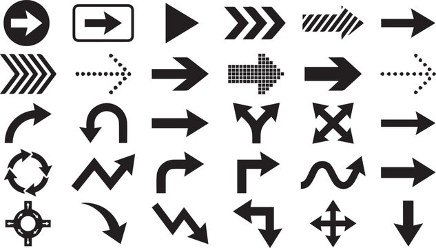Black Solid Arrow Icon Set Vector Collection with Circle Box Chevron Dotted Pixel Curved U-Turn Fork Wavy Roundabout and Direction Navigation Symbols