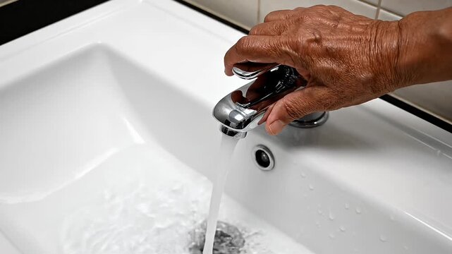 Hand turning on water tap in white bathroom sink close up