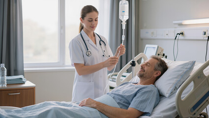 Obraz premium Nurse Adjusting IV Drip for Male Patient in Hospital Bed