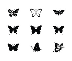 Minimalist butterfly silhouette icons, set of 9 black insect vector symbols, elegant butterfly wing shapes for logo design and branding © Habib