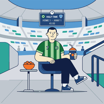 Fan sitting in stadium seat drinking slushy during halftime of soccer match illustration