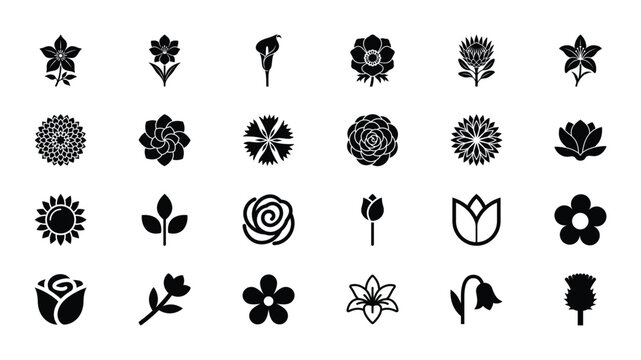 Minimalist flower icon set, 24 black floral vector symbols, botanical silhouette collection for logo design and branding, simple nature elements