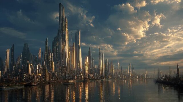 Futuristic city skyline at sunset with golden hour skyscrapers, cloudy blue sky and riverfront view