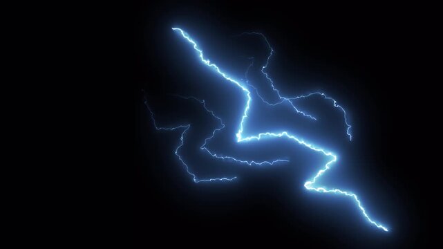 Blue lightning strikes vfx over black background with Alpha channel. A visual element for electrical storm, VFX element. 4K Video