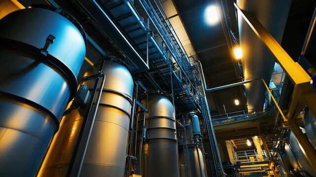 Large storage tanks and complex piping systems filling an industrial plant interior, suggesting production, manufacturing, and engineering processes within a modern factory environment