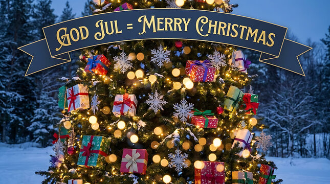 Festive evergreen tree decorated with wrapped gift boxes and falling snowflake patterns under glowing bokeh light effect for Scandinavian God Jul and Merry Christmas holiday celebration.