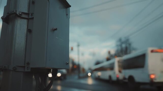 Utility box mounted on a street pole beside a city road, moody twilight with blurred car headlights and bokeh, cold cloudy sky and urban infrastructure in soft focus