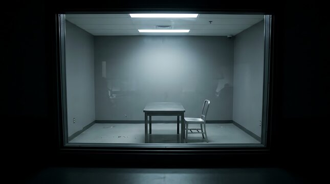 Empty interrogation room with table and chair under bright lights.
