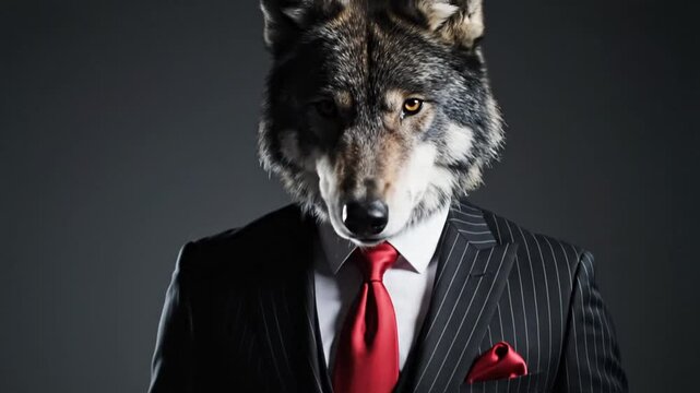 Anthropomorphic wolf wearing a formal black pinstripe three-piece suit with a vibrant red necktie and matching pocket square standing against a dark grey studio background.