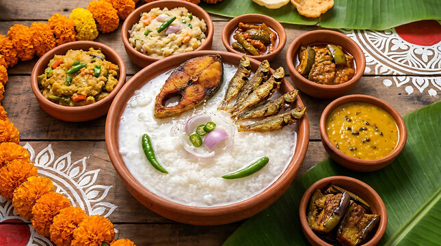 Traditional Bengali New Year feast featuring fermented Panta Bhat rice with fried Hilsa fish, green chili, and onion, celebrating Pahela Baishakh cultural heritage in food photography.