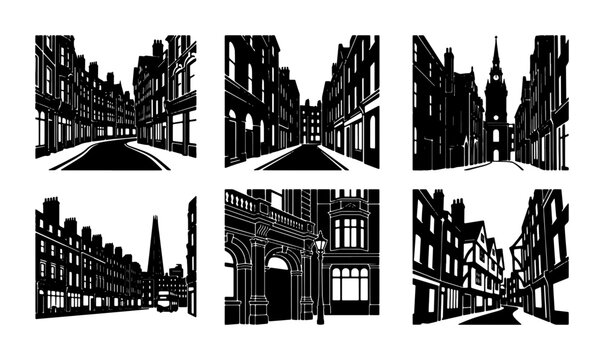 Six Black and White Vector Illustrations of Historic European City Streets, Architectural Facades, and Cobblestone Roads, Urban Architecture Collection