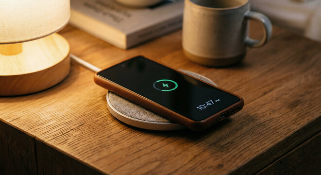 Close-up of a modern wireless smartphone charger pad on a wooden nightstand with a phone charging and a soft bedside lamp glow