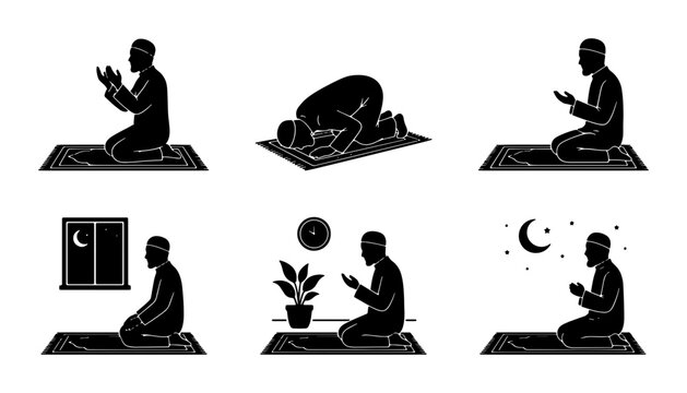 Islamic Prayer Poses Vector Icons, Muslim Worship Silhouettes, Ramadan Devotion Set, Prayer Mat and Night Sky Illustrations