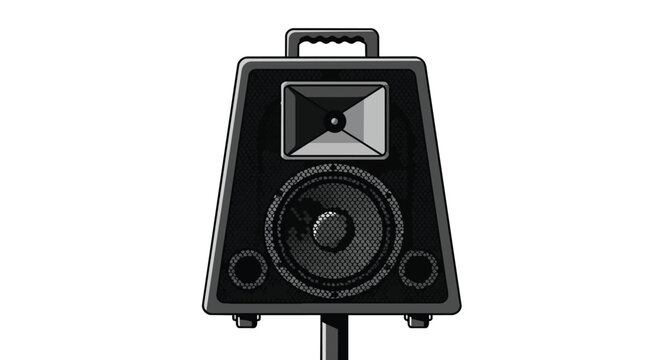 Professional Portable Outdoor PA Speaker System Illustration on Stand for Events and Public Address in Black and White
