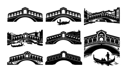 Rialto Bridge Vector Collection, Venice Architecture Silhouettes, Gondola Scenes, Italian Landmark Icons, Black and White Cityscape Elements © Saiful