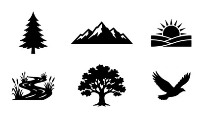 Nature Landscape Icons Set: Pine Tree, Mountains, Sunrise, River, Oak Tree, Eagle Silhouette Vector Graphics for Outdoor Themes © Laila