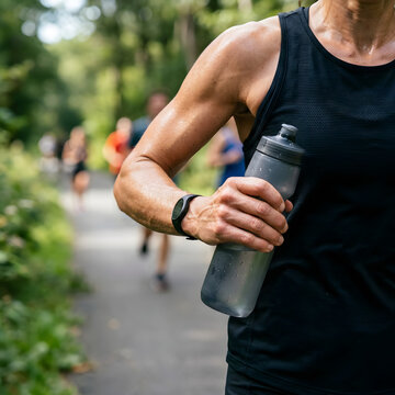 Closeup of a female runner holding a water bottle, side view