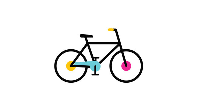 Simple line drawing of a bicycle with colorful accents on the wheels and chain guard representing active transit and leisure.