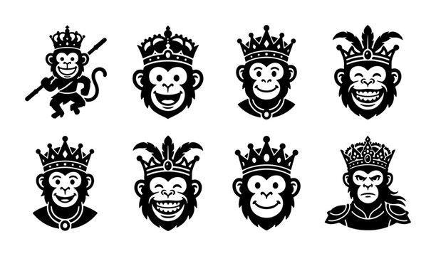 Royal Monkey Icons Set, King Chimpanzee Vector Graphics, Regal Ape Emblems, Majestic Primate Symbols for Branding and Design