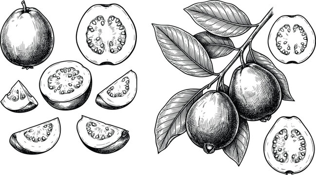 Hand-drawn Vector Illustration of Guava and Lemon Fruits with Detailed Cross-sections and Leaves for Organic Food and Healthy Eating DesignsHand-drawn Vector Illustration of Guava and Lemon Fruits wit