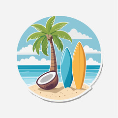 Obraz premium Tropical Beach Scene with Palm Tree, Surfboards, and Coconut