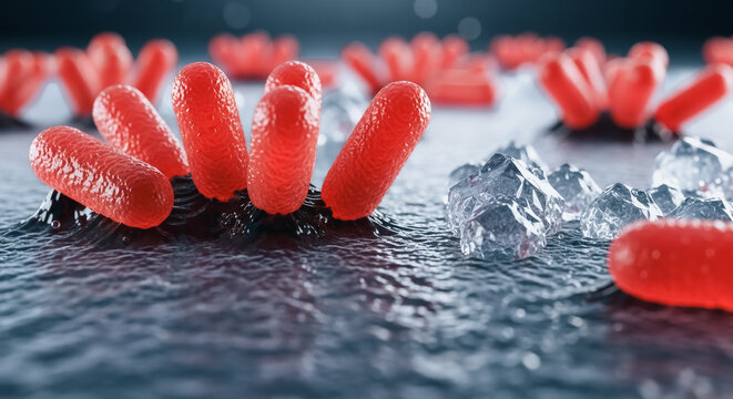 Red rod-shaped bacteria clusters on a dark textured surface