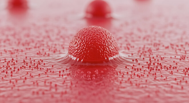 Red Textured Microscopic Pathogen Emerging from an Organic Surface representing Contagion and Viral Infection
