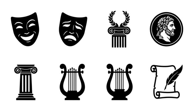 Ancient Greek Culture Icons Set, Classical Architecture, Theater Masks, Lyre, Laurel Wreath, Scroll and Quill Vector Graphics