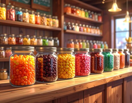 Row of jars filled with multi-colored candies on a wooden counter in a store setting with shelves in the background